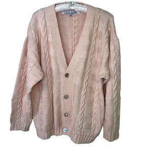 Tijuca Laura Pearson Womens Cardigan Pink Size Medium Chunky Cable Knit Cropped